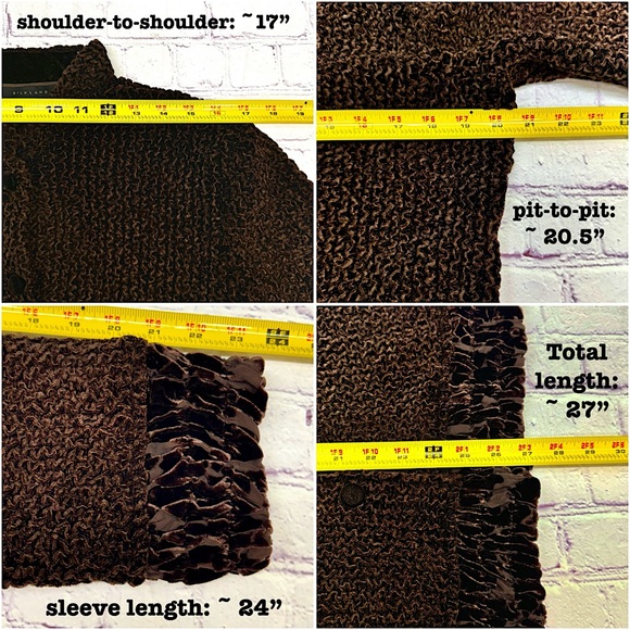 {Silkland} VTG Chocolate Brown Crinkle Knit Cardigan Jacket, Velvet Floral Trim - Picture 7 of 12